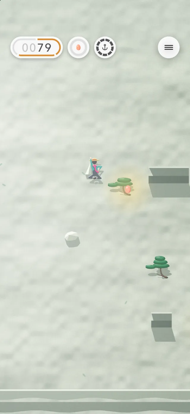A climber on a misty rock face, next to a glowing egg on a pine
