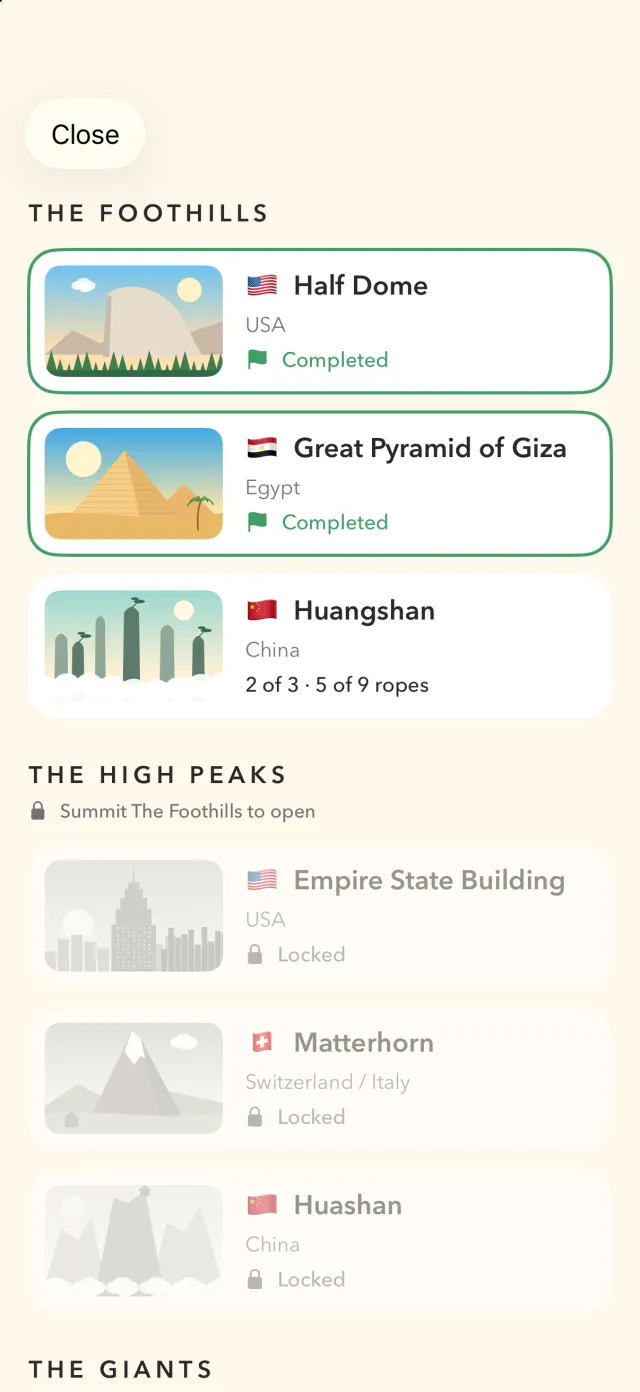 The journey screen listing Half Dome, the Great Pyramid of Giza and Huangshan